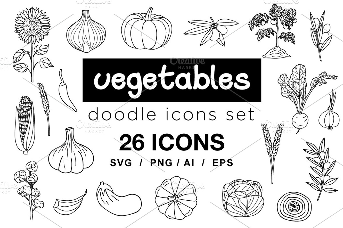 Vegetables doodle icons set, an Outline Icon by Gulnarart (Photo 1 of 7)
