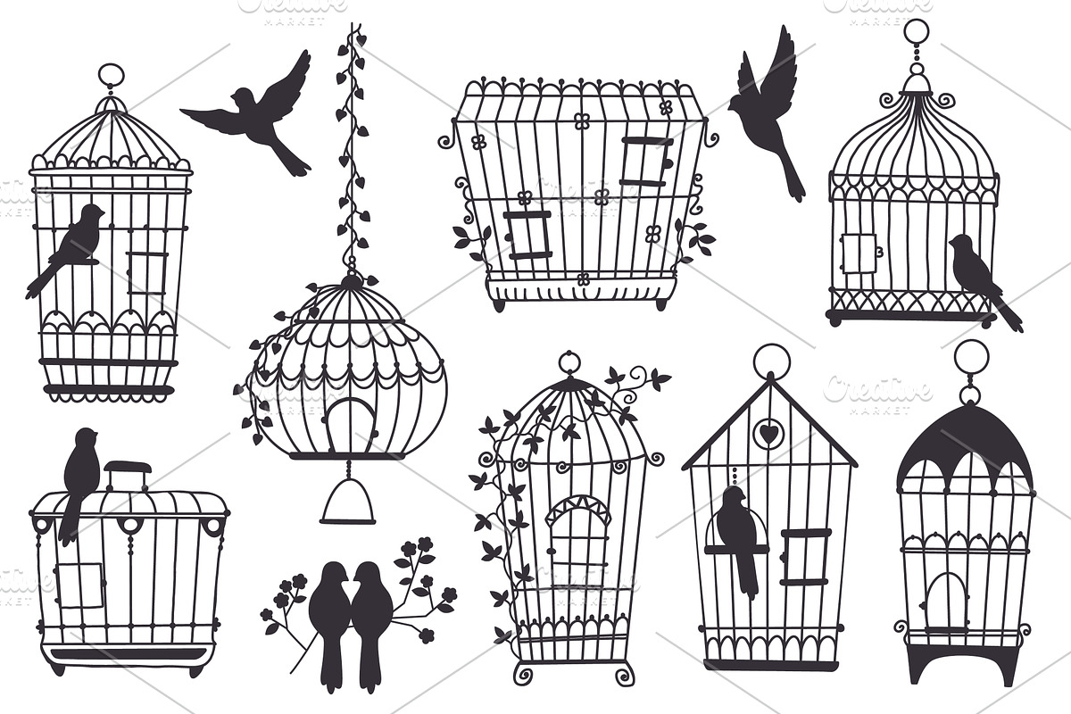 Cages and birds. Black hand drawn, an Animal Illustration by Vectorbuum