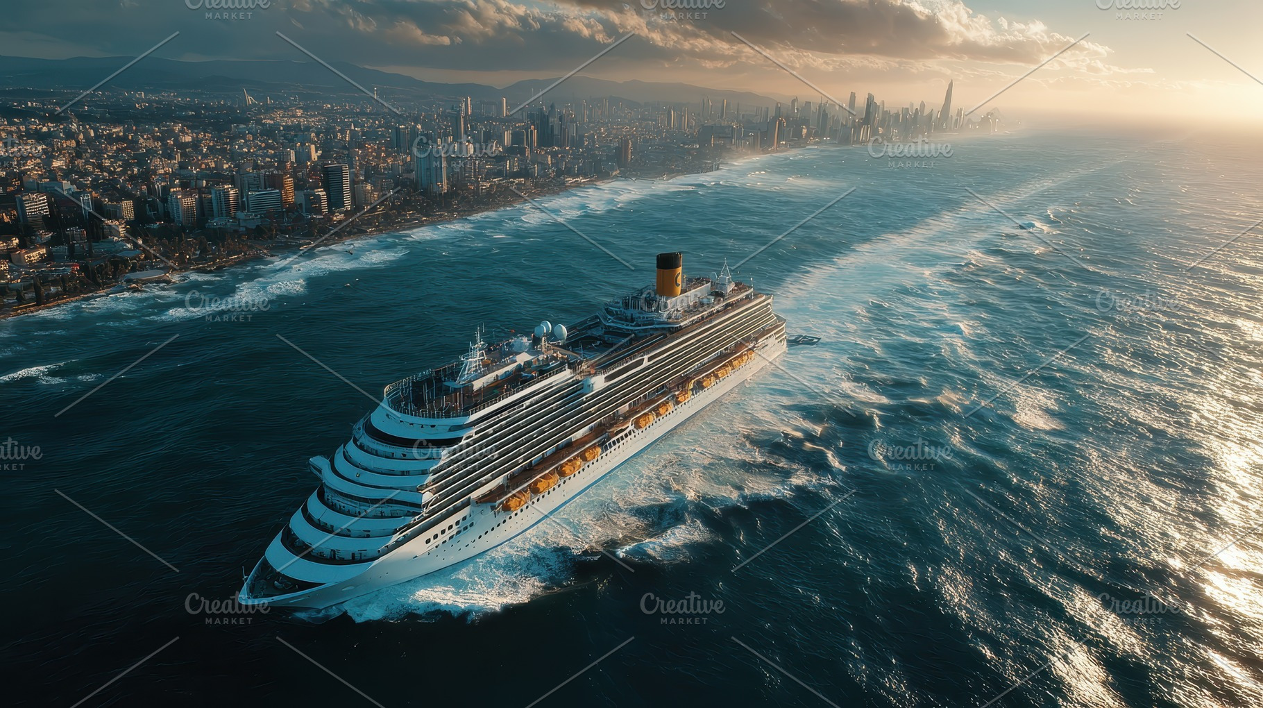 Cruise Ship Sailing Coastal City Sky, a Photo by Pixeness Studio