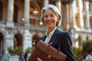 Smiling Senior Businesswoman Holding Leather Briefcase, a Business Photo by Davizro's Market