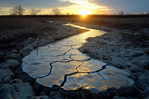Dry riverbed reflects sunset light i, a Photo by Tanuart