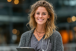 Confident female nurse smiling outdoors with stethoscope and cli, a Health & Medical Photo by AS photostudio