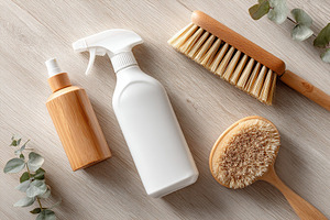 Eco-friendly cleaning products on wooden surface, a Health & Medical Photo by AlyaAnd