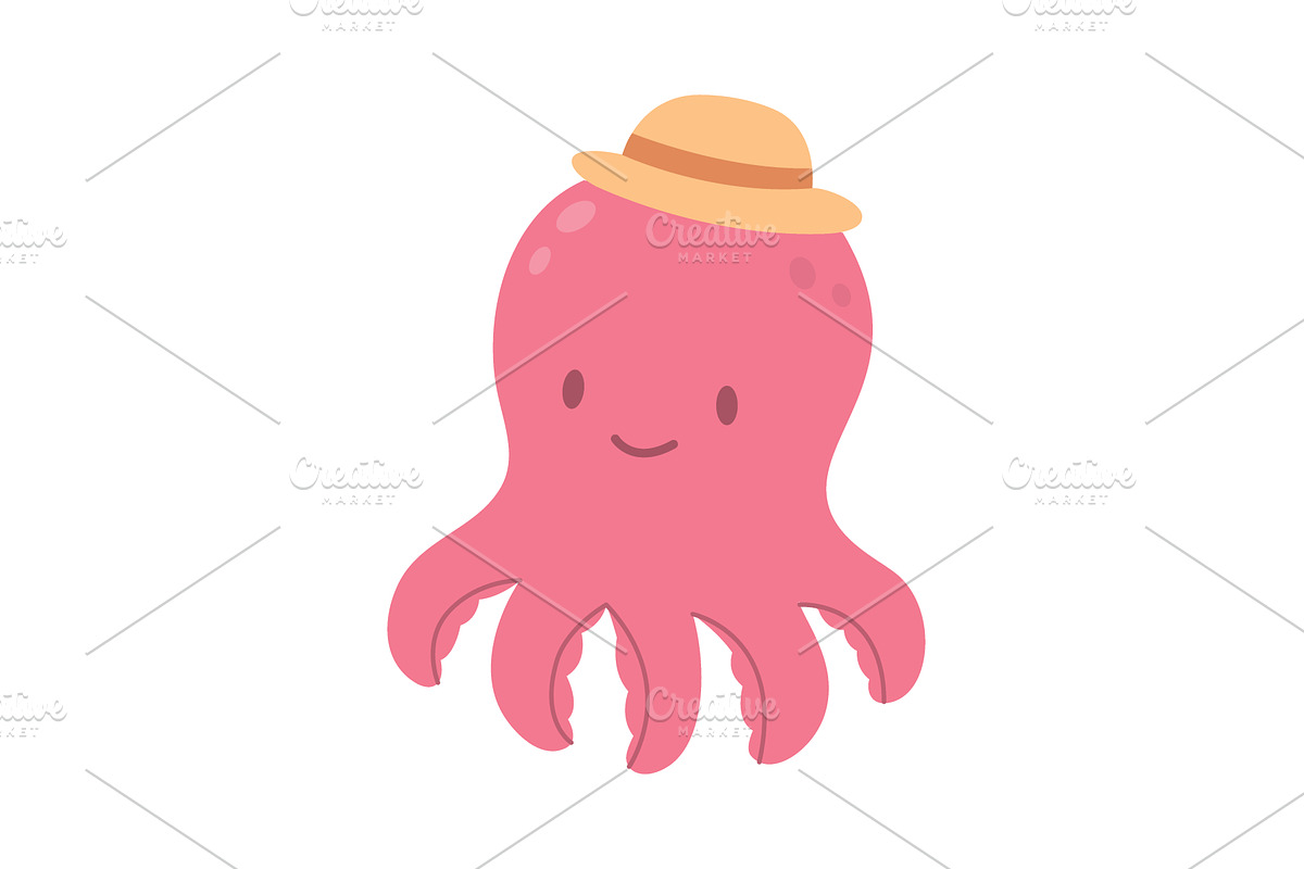 Pink cartoon octopus wearing yellow, an Animal Illustration by GraphiShop
