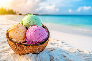 Colorful ice cream scoops served in a coconut shell on a sunny beach, a Food & Drink Photo by AlyaAnd