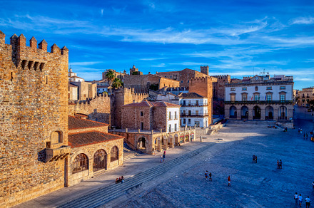Plaza Mayor of Caceres at sunset, overhead view., an Architecture Photo by CreativePhotoSpain