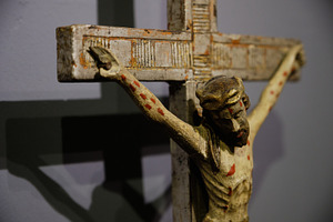 Vintage wooden crucifixion statue of Jesus Christ on a cross. Ancient religious, an Arts & Entertainment Photo by Rohan Photography