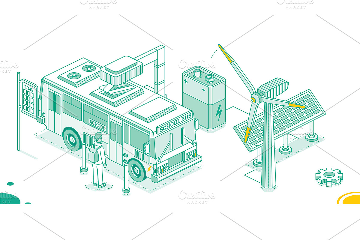 Isometric Electric School Bus., a Transportation Illustration by Booblgum