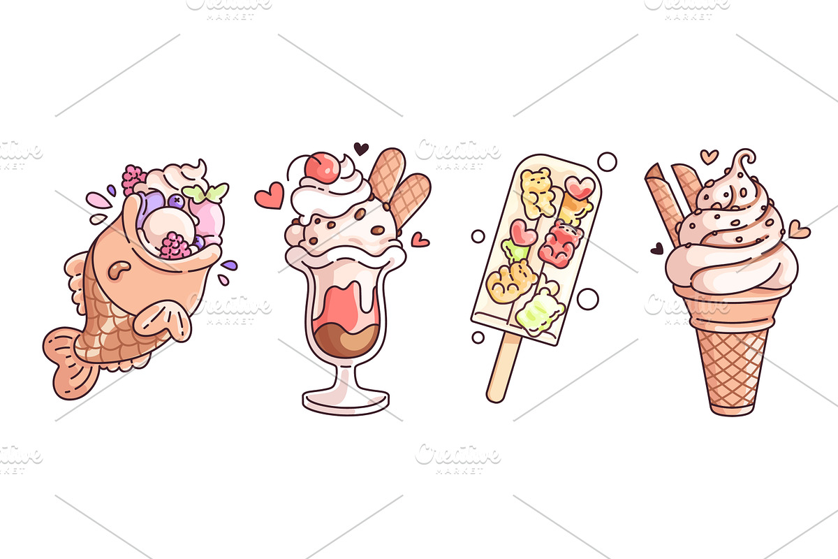 Kawaii ice cream desserts, a Food Illustration by art PVP - market