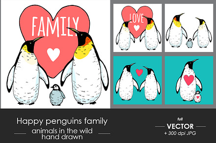 Happy penguin family illustrations