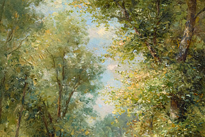 Forest path surrounded by summer green trees, sunbeams filtering, an Illustration by Studio ANNA