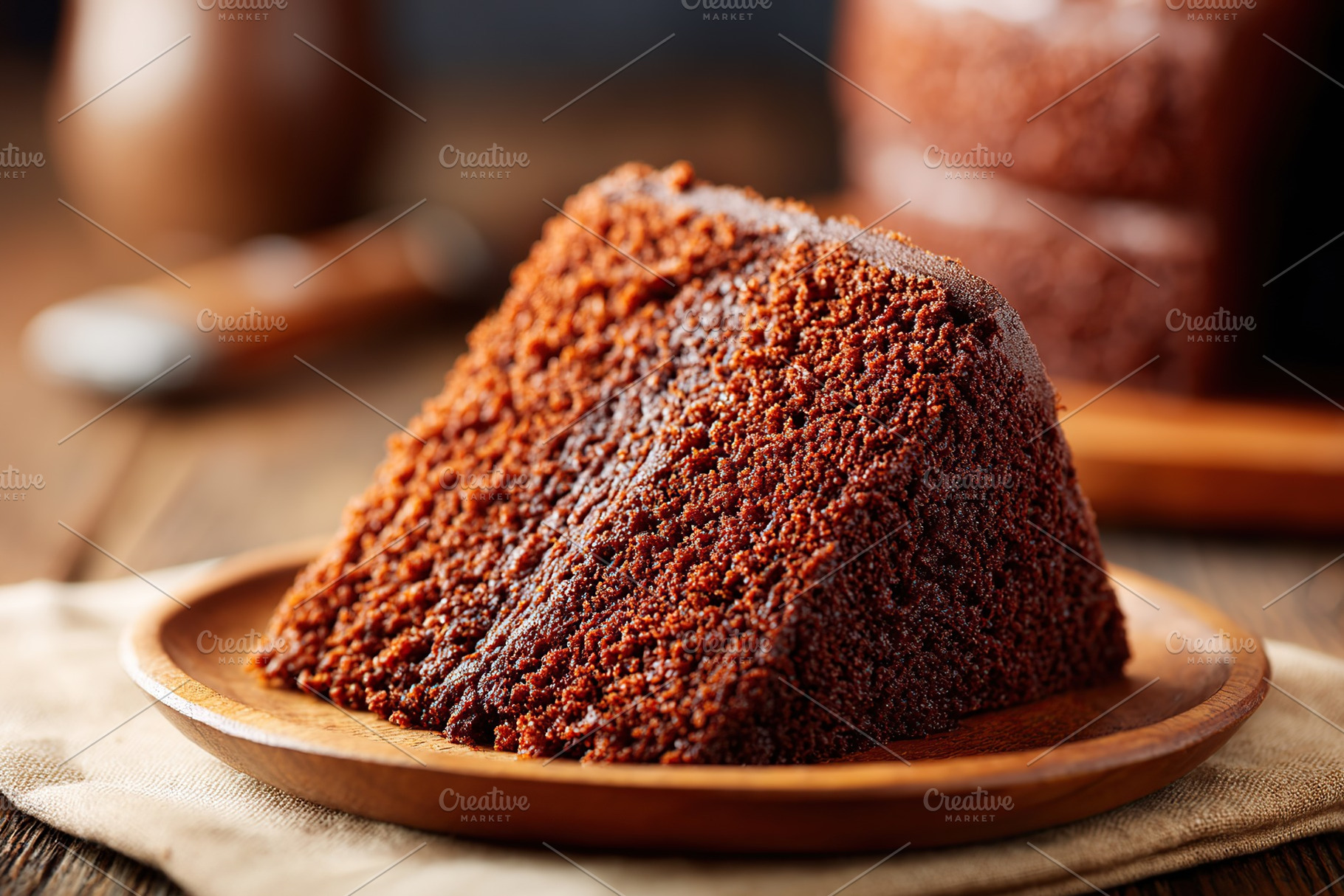 Decadent chocolate sponge cake served on a rustic wooden plate in a cozy kitche, a Food & Drink Photo by AlyaAnd