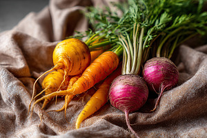 Fresh farm vegetables and herbs display on natural fabric background showcasing, a Food & Drink Photo by AlyaAnd