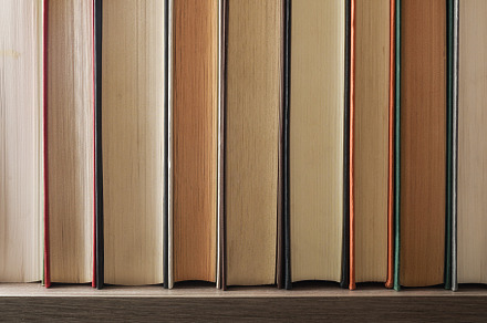 Detail of a row of books showing the front edge