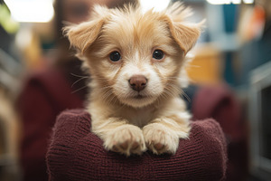 Adorable puppy nestled in someone's, an Animal Photo by Pixeness Studio