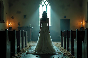 A decayed bride stands silently in t, a Photo by LOGOCREATIVE