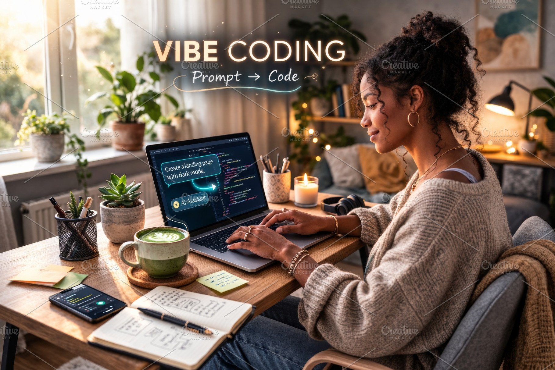 Vibe coding lesson featuring woman learning on laptop in cozy ho, a Photo by Dvoevnore photos