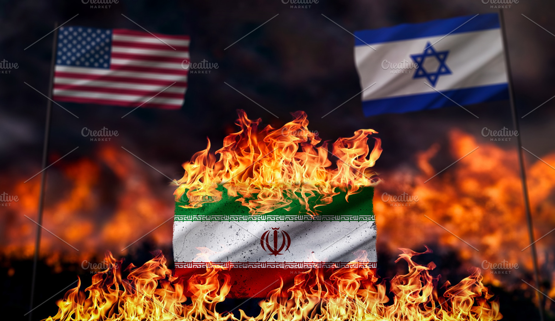 Iran Flag Burning Between US and Israel, an Industrial Photo by Davizro's Market