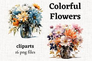 Watercolor Colorful Flowers PNG