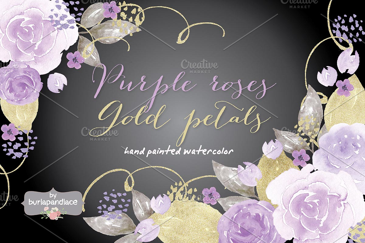 Purple roses, gold petals watercolor, an Illustration by burlapandlace (Photo 1 of 2)