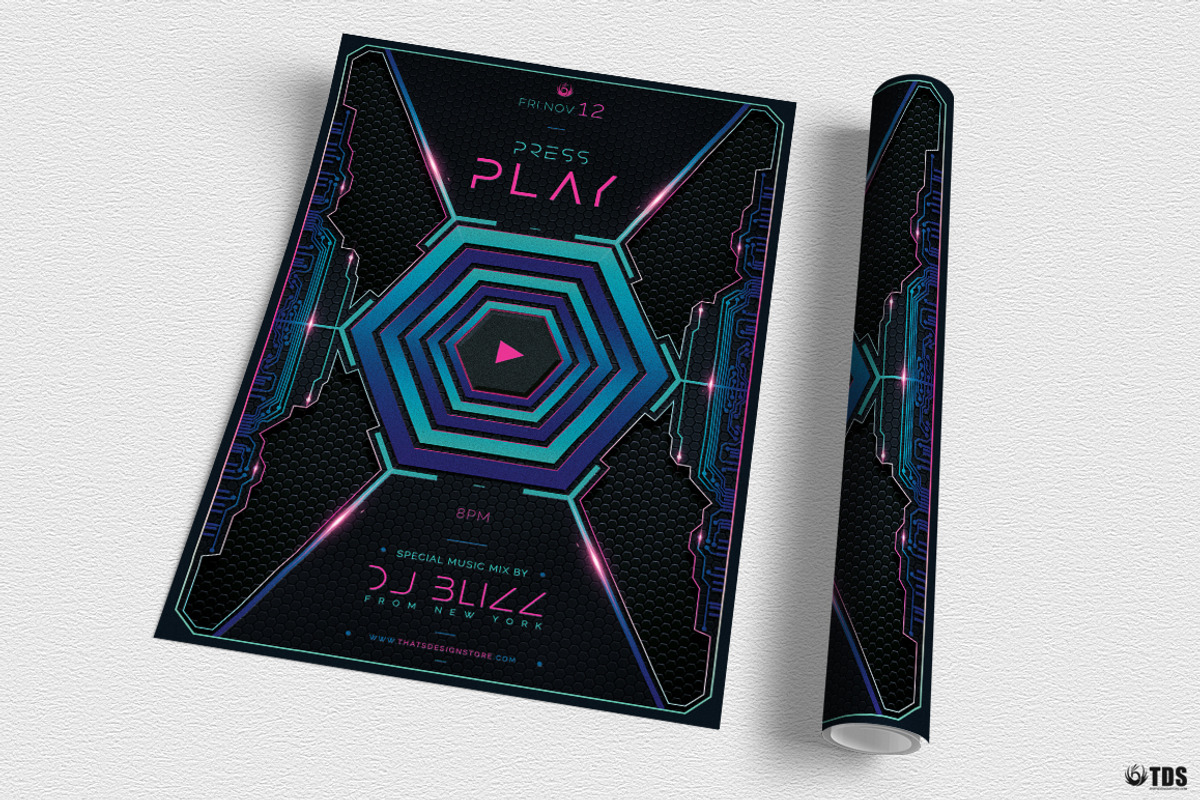Press Play Flyer Template, a Flyer Template by ThatsDesignArt (Photo 3 of 7)
