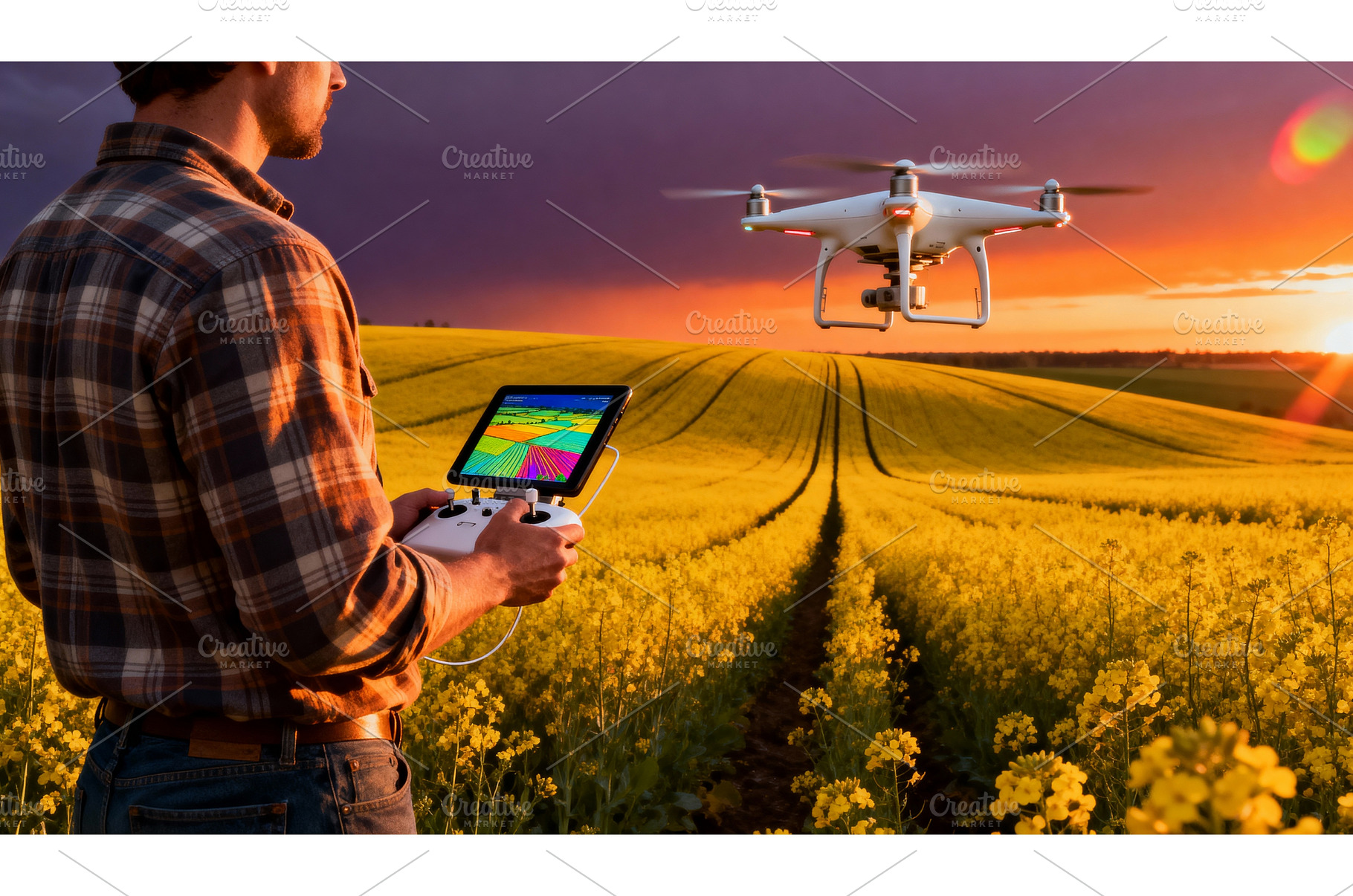 Man flying drone over yellow canola, a Nature Photo by tilialucida