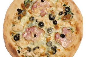Round pizza with bacon, chicken, olives and cheese, a Food & Drink Photo by ndanko