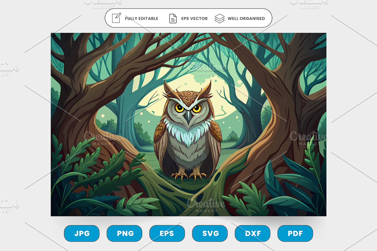 an owl sitting in the middle of a fo, a Graphic by SaroStock