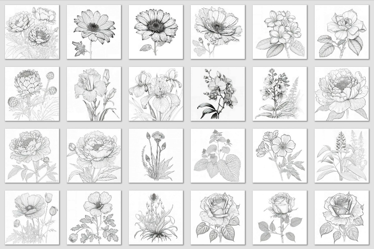 100 Beautiful Flower Coloring Pages, a Decorative Illustration by Blue Digital Studio (Photo 5 of 7)