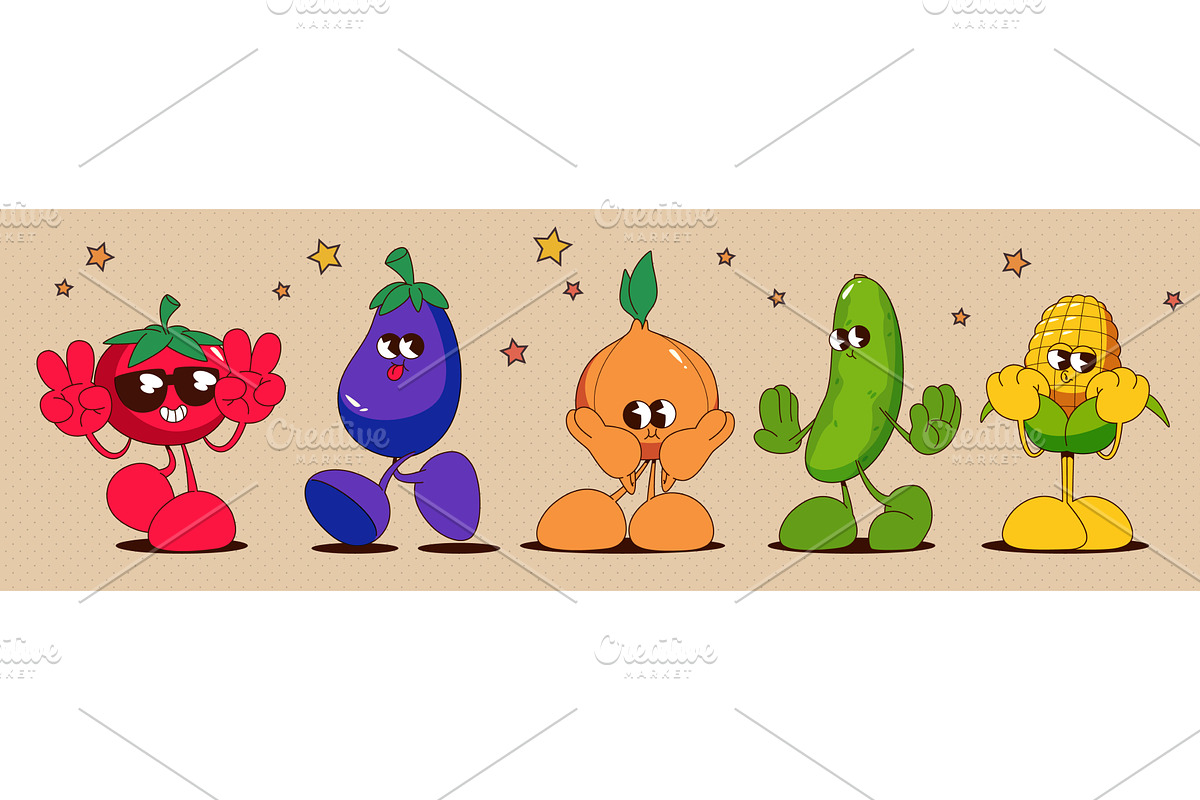Retro vegetable characters isolated, a Food Illustration by art PVP - market