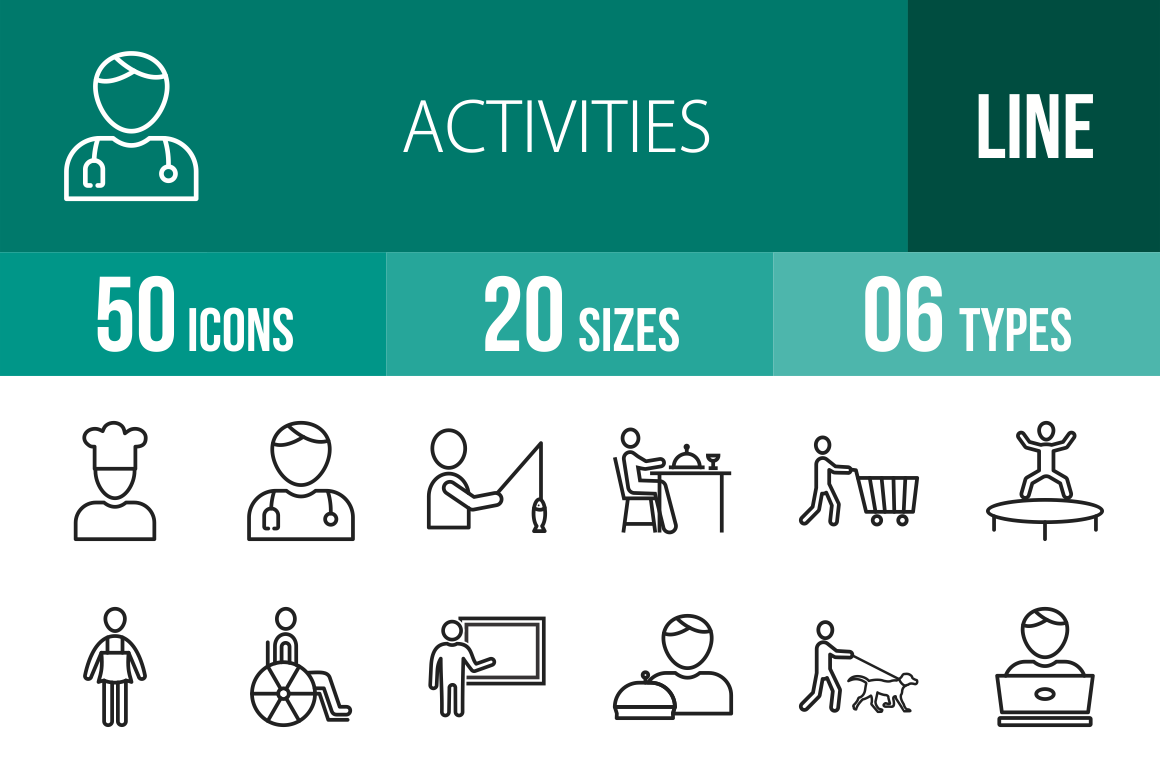 50 Activities Line Icons, an Outline Icon by IconBunny