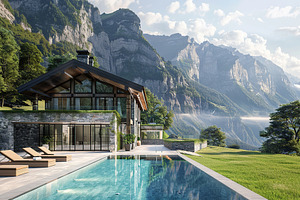 Modern house in suburb with beautiful green landscape and swimming pool, an Architecture Photo by AlyaAnd