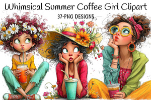 Whimsical Summer Coffee Girl Clipart, an Illustration by Daily.Designs