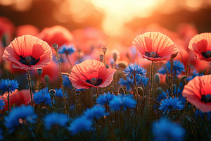 Red poppies and blue cornflowers glowing in a vibrant meadow dur, a Nature Photo by José Manuel Gelpi