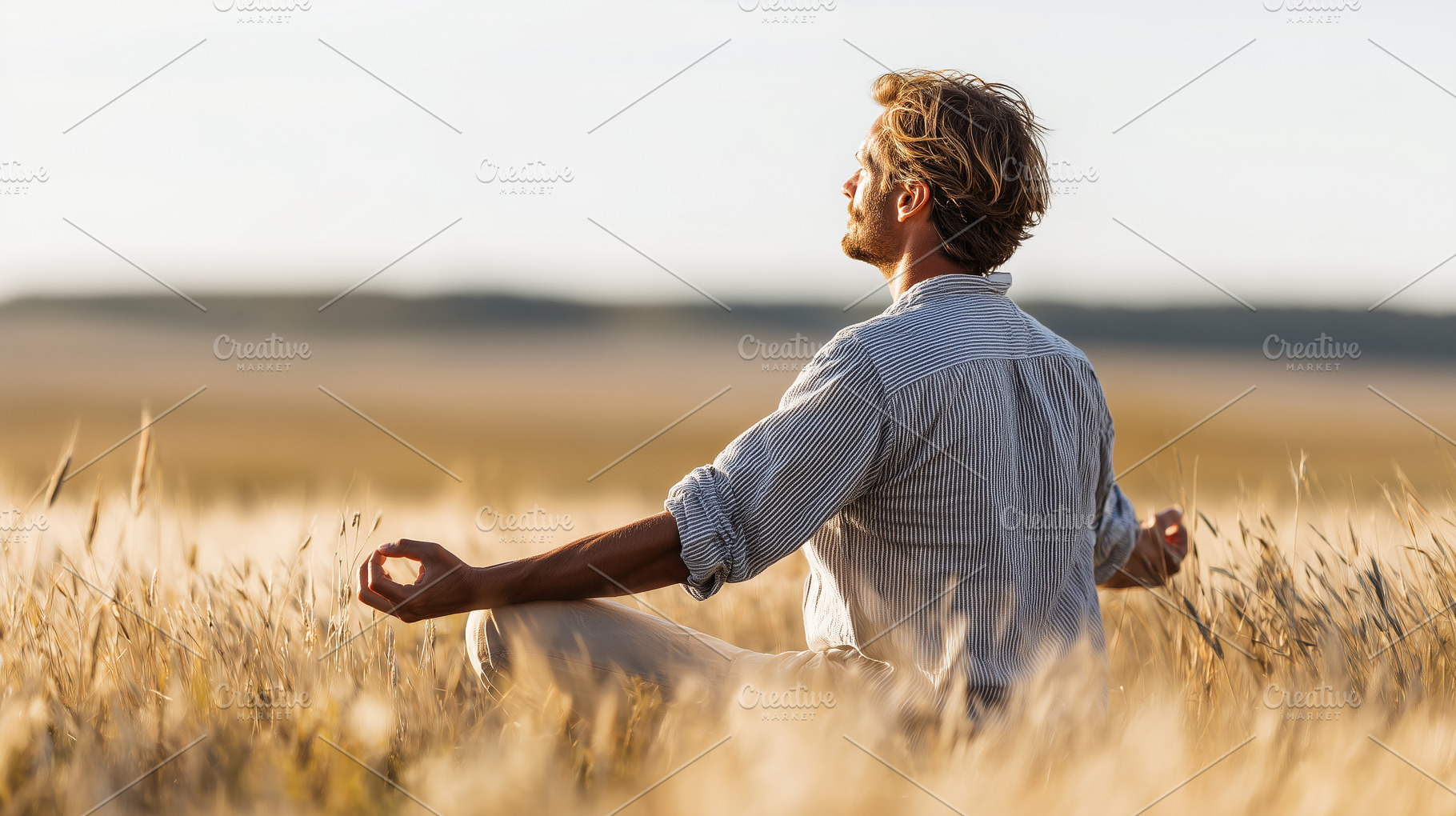 Man meditates peacefully on a field, a Person Photo by MistyDay
