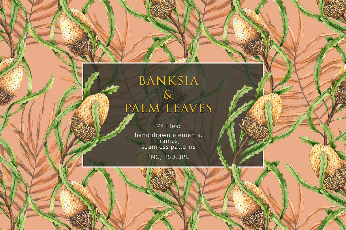 Banksia & palm leaves. Watercolor, a Pattern Graphic by Ola_Vola (Photo 1 of 7)