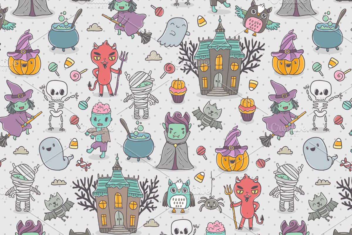 Cute Happy Halloween pattern, an Illustration by kostolom3ooo (Photo 2 of 4)