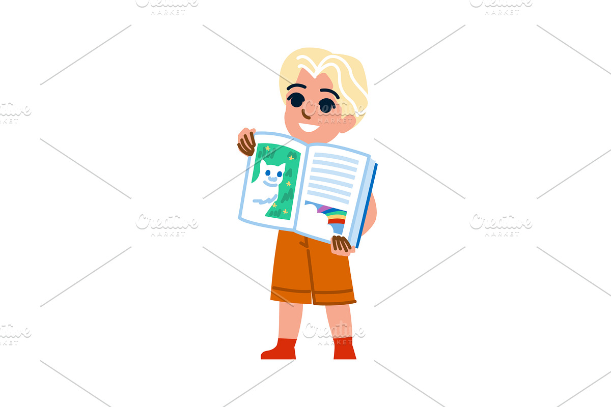 Smiling child showing open book with, an Object Illustration by pikepicture
