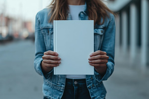 A person holding a blank book mockup in front of them, wearing a denim jacket., a Books & Magazine Mockup by Textures & Backgrounds