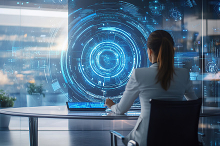 Businesswoman working with blue hologram interactive in the office, a Technology Photo by AlyaAnd