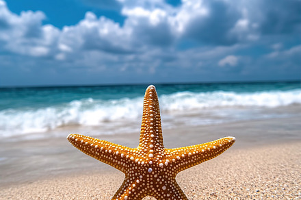 Starfish perched on sandy beach with waves and clouds in the background, an Animal Photo by AlyaAnd
