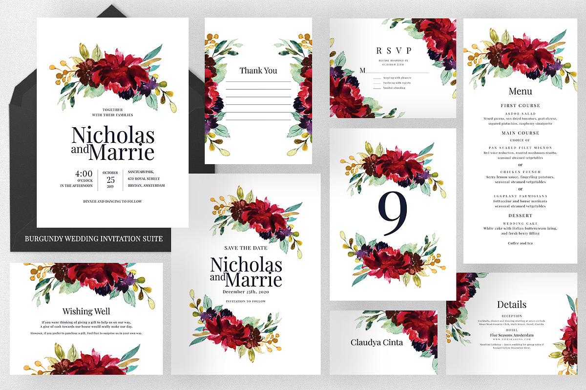 Wedding Invitation Suite - Burgundy, an Invitation Template by Azka Creative (Photo 1 of 5)