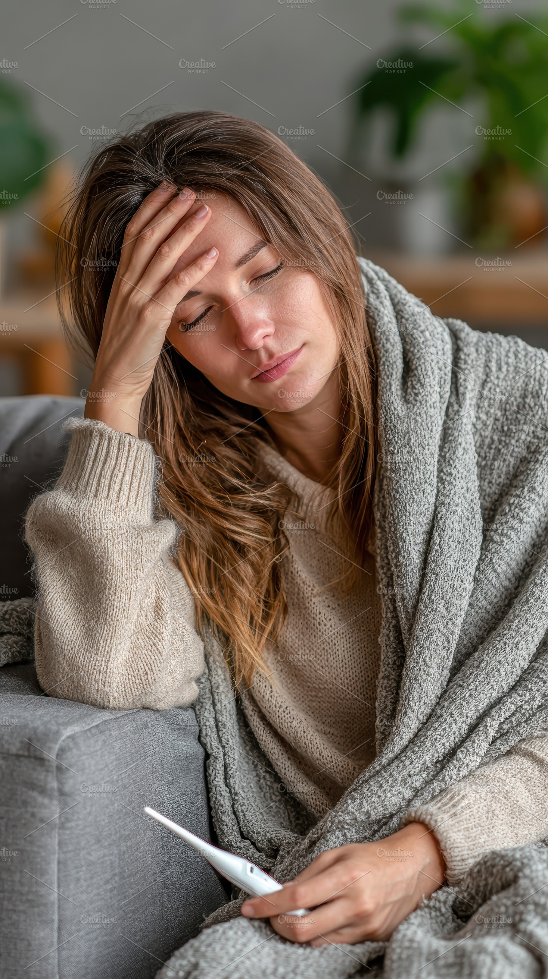 Sick woman resting on couch holding, a Photo by Pixeness Studio