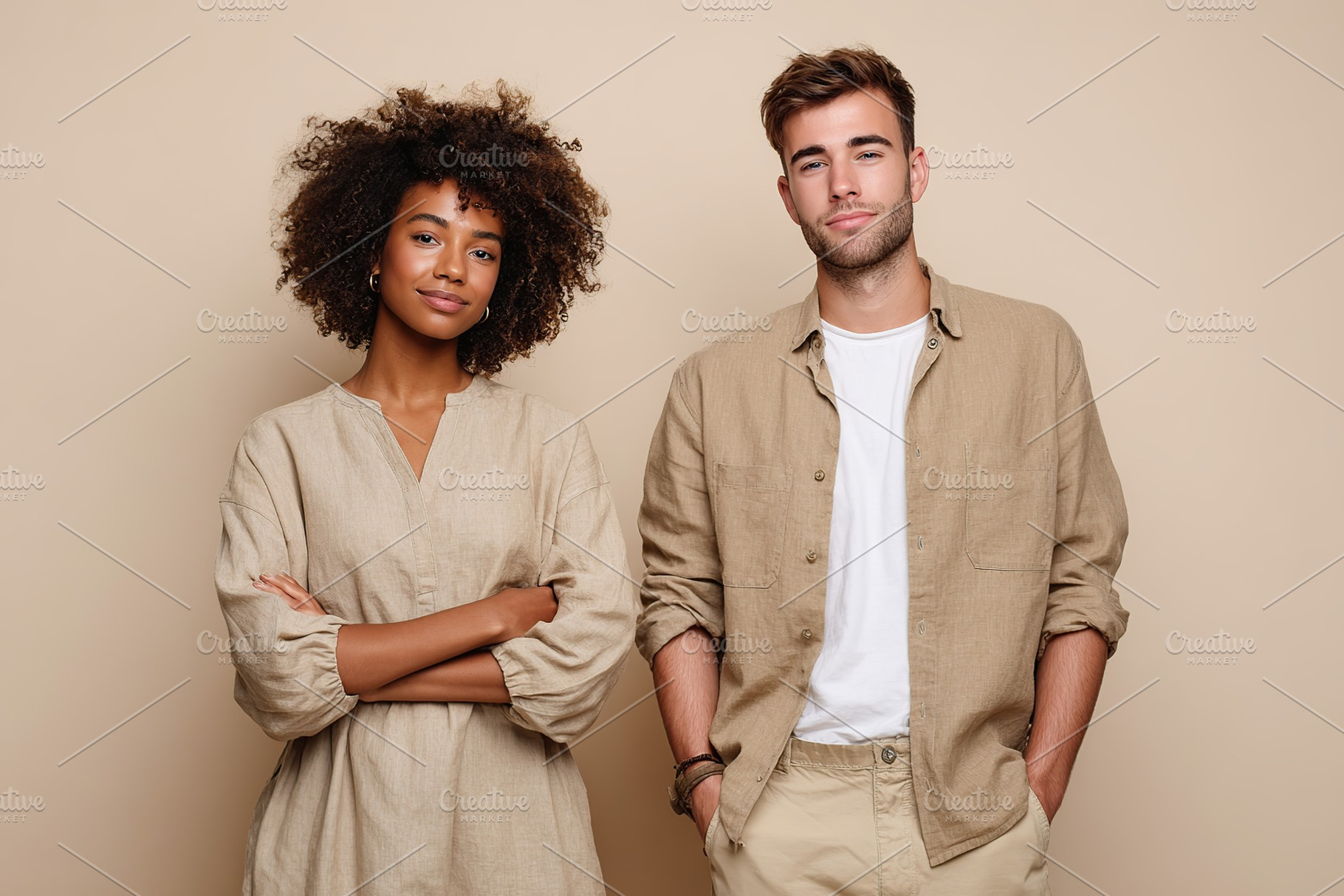 Portrait of two individuals smiling confidently against a neutral background in, a Photo by AlyaAnd