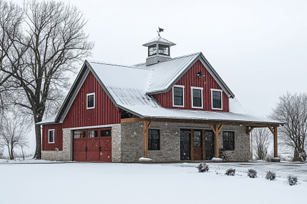 A picturesque Barndominium house style red barn with a stone foundation, set in, an Architecture Photo by Textures & Backgrounds