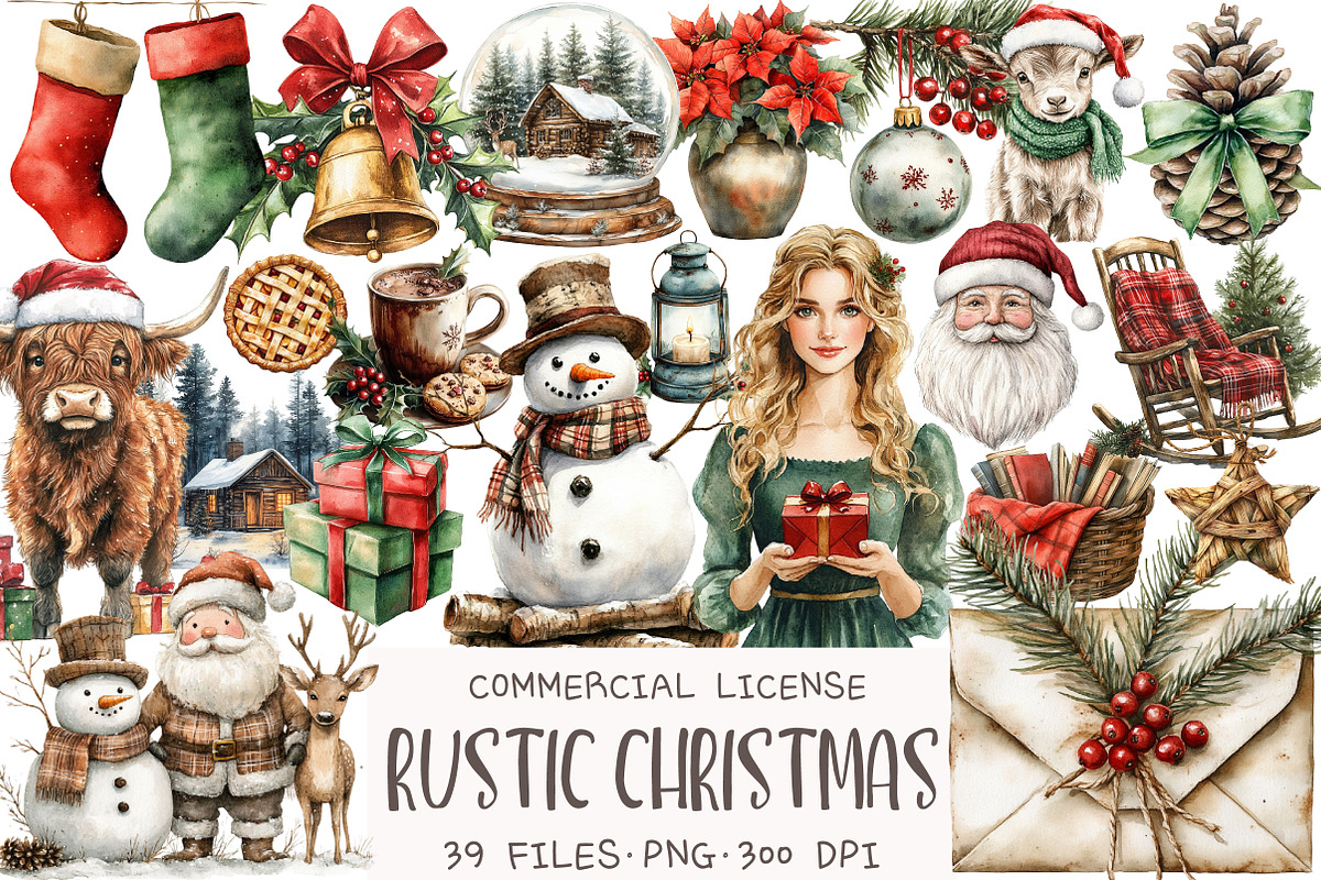 Watercolor Rustic Christmas Clipart, an Illustration by OK Design (Photo 1 of 5)