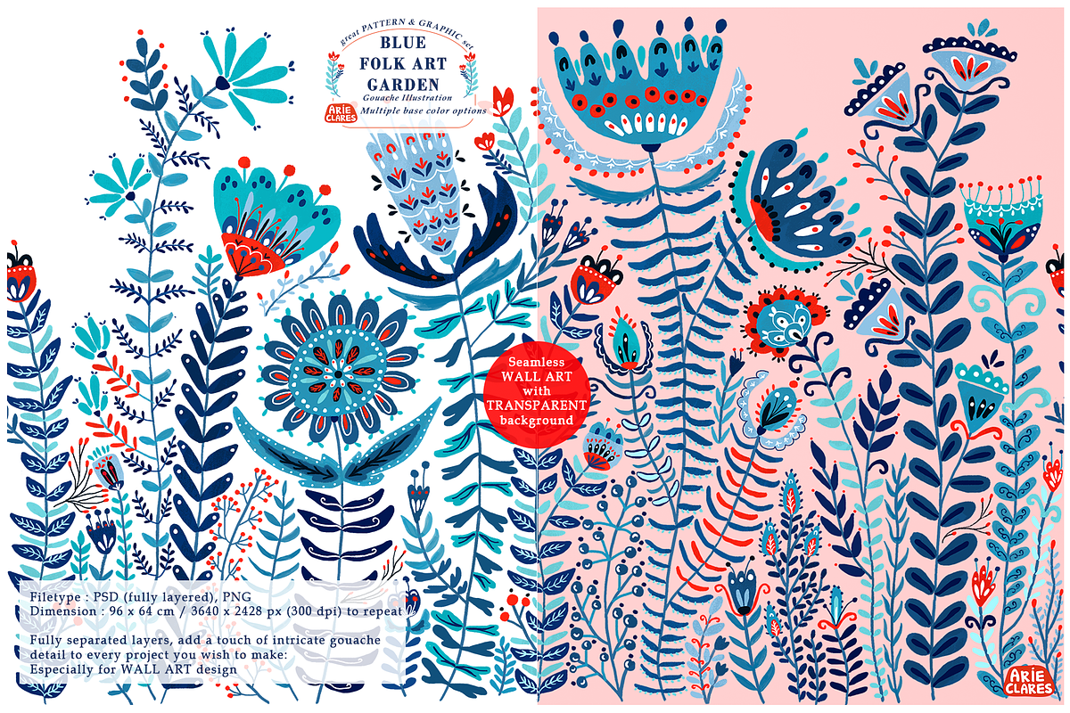Blue Folk Art Garden, a Pattern Graphic by Arie Clares (Photo 3 of 13)