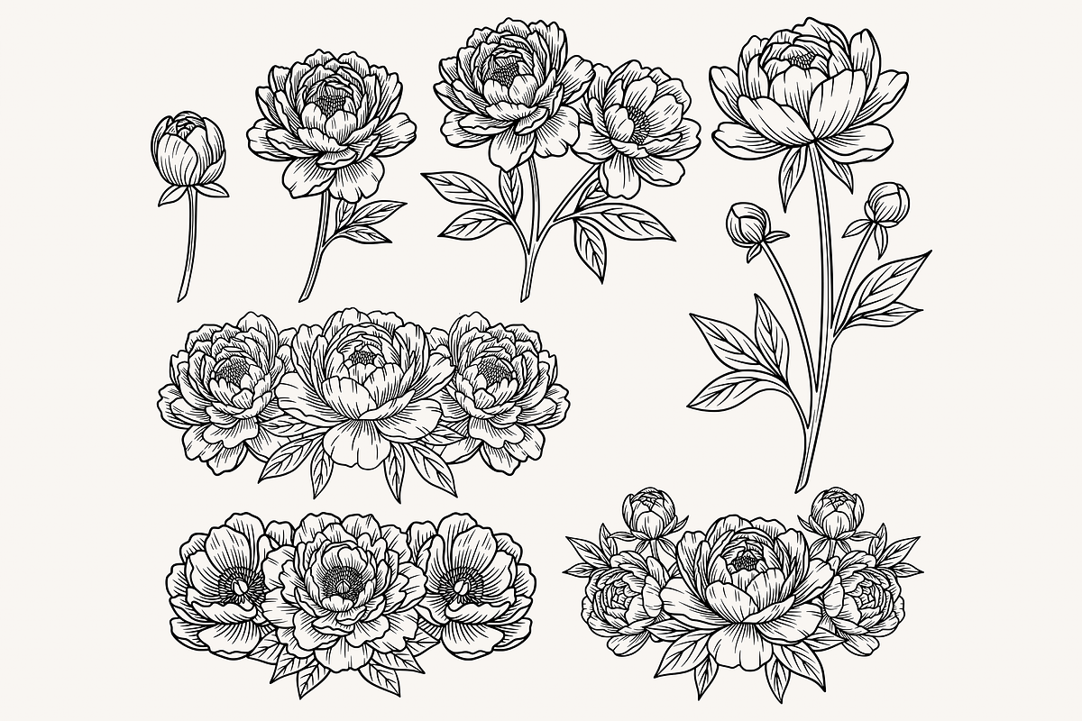 Peony Flower Line Art Illustration, a Decorative Illustration by Kusumaillustration (Photo 4 of 15)