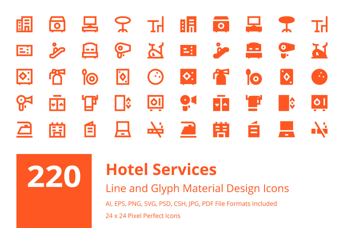 220 Hotel Services Material Icons, a Solid Icon by Creative Stall (Photo 1 of 5)
