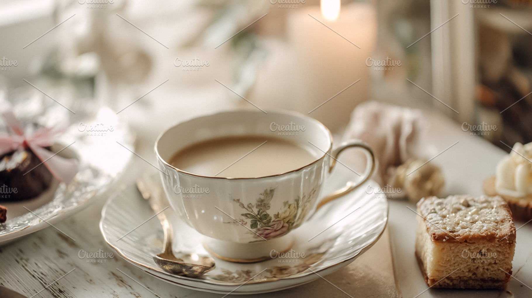 Cozy afternoon tea moment with vintage teacup, cake, and warm ca, a Photo by Studio ANNA